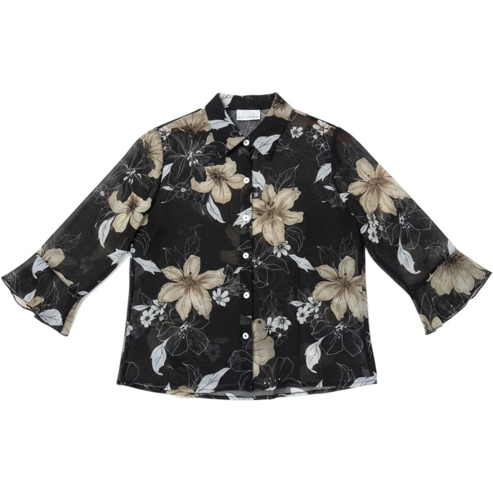 C.B. Collections Blouse Set Womens M Black Floral Sheer Button Down 2 Piece
